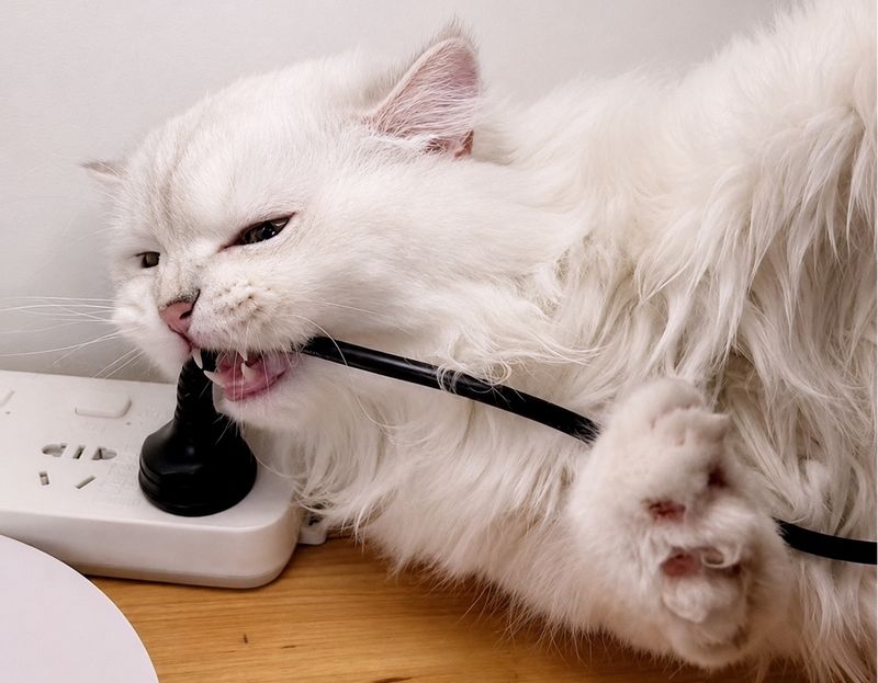 Gato mordiendo cable