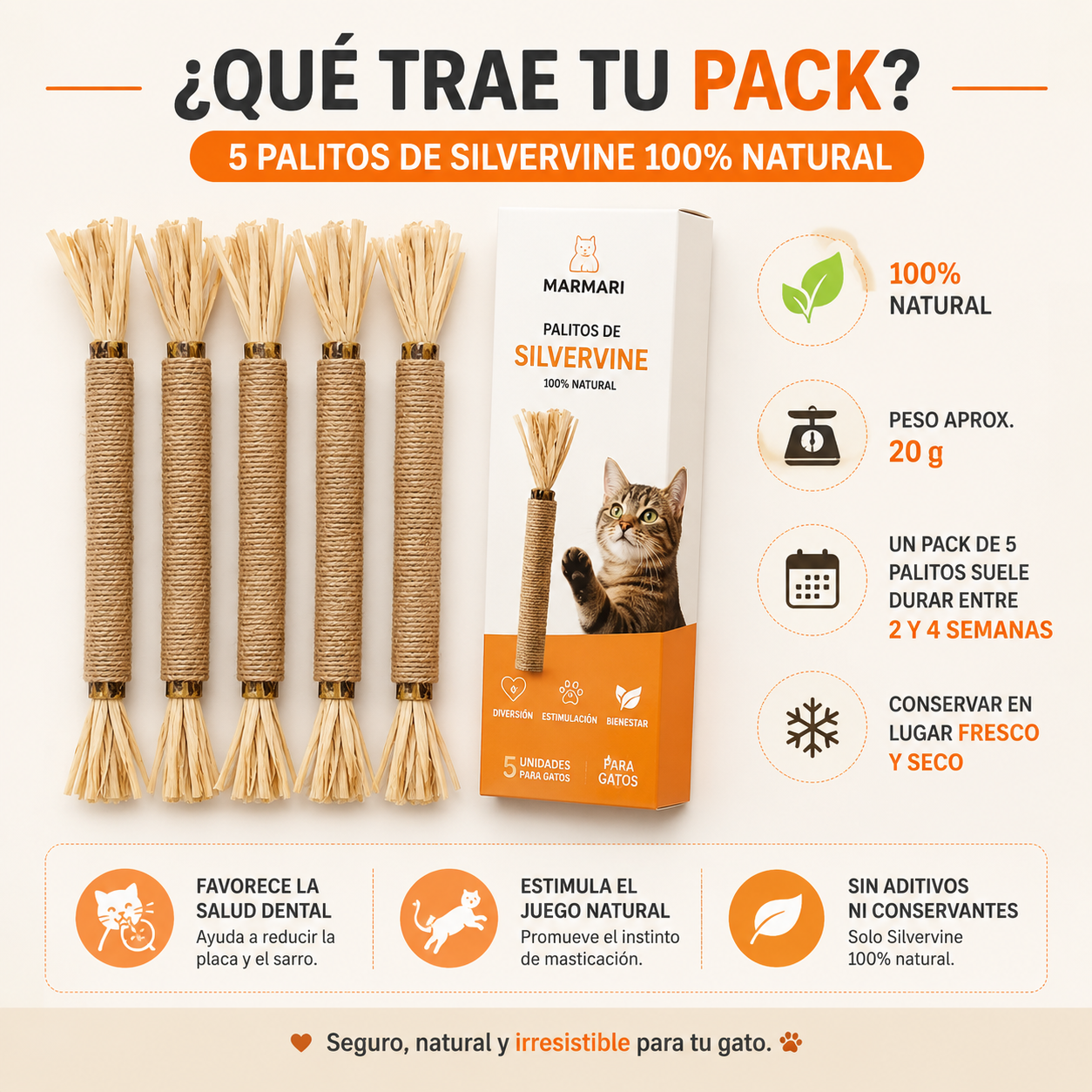 Pack 5 Palitos Dentales Silvervine para Gatos — 100% Natural — MarMari Pet